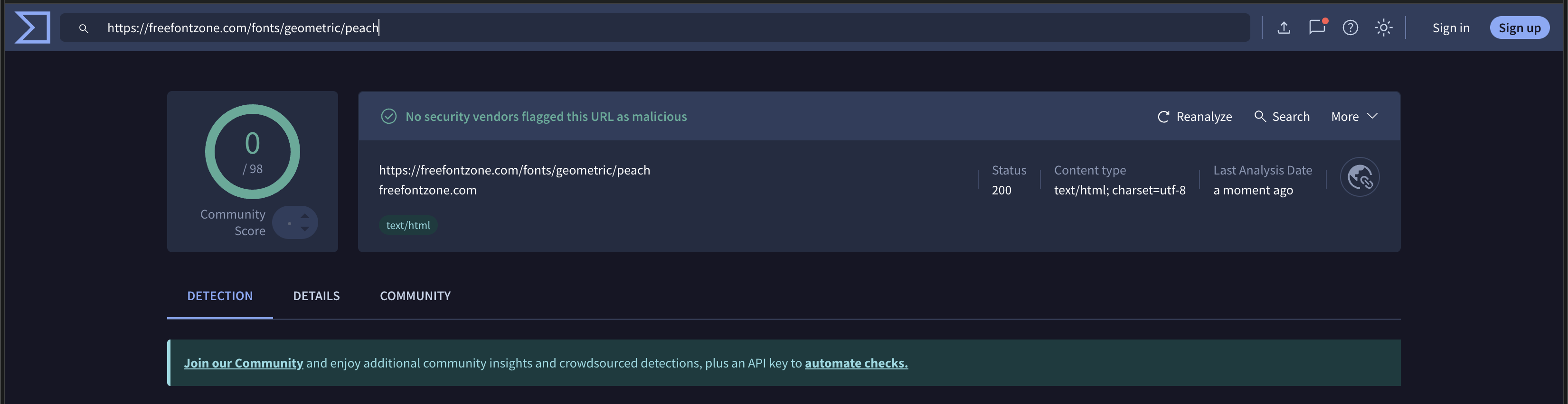 VirusTotal Font Page Analysis - 0/98 Vendors Flagged
